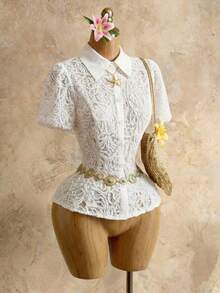 Mistrie Women's Summer Vacation Lace Front Button Puff Sleeve Blouse, Wedding Guest, Summer Holidays, Beach, Vacations - White - View 3