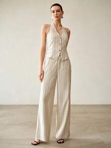 MOTF PREMIUM WOMEN'S STRIPED PRINT SLANT POCKET WIDE LEG PANTS - Apricot - View 9