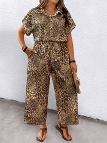 EMERY ROSE Jumpsuit Wanita Ukuran Besar Warna Polos Lengan Pendek Berkerah dengan Sabuk dan Saku, Romper Kasual Motif Leopard Ombre untuk Liburan - Hitam - View 5