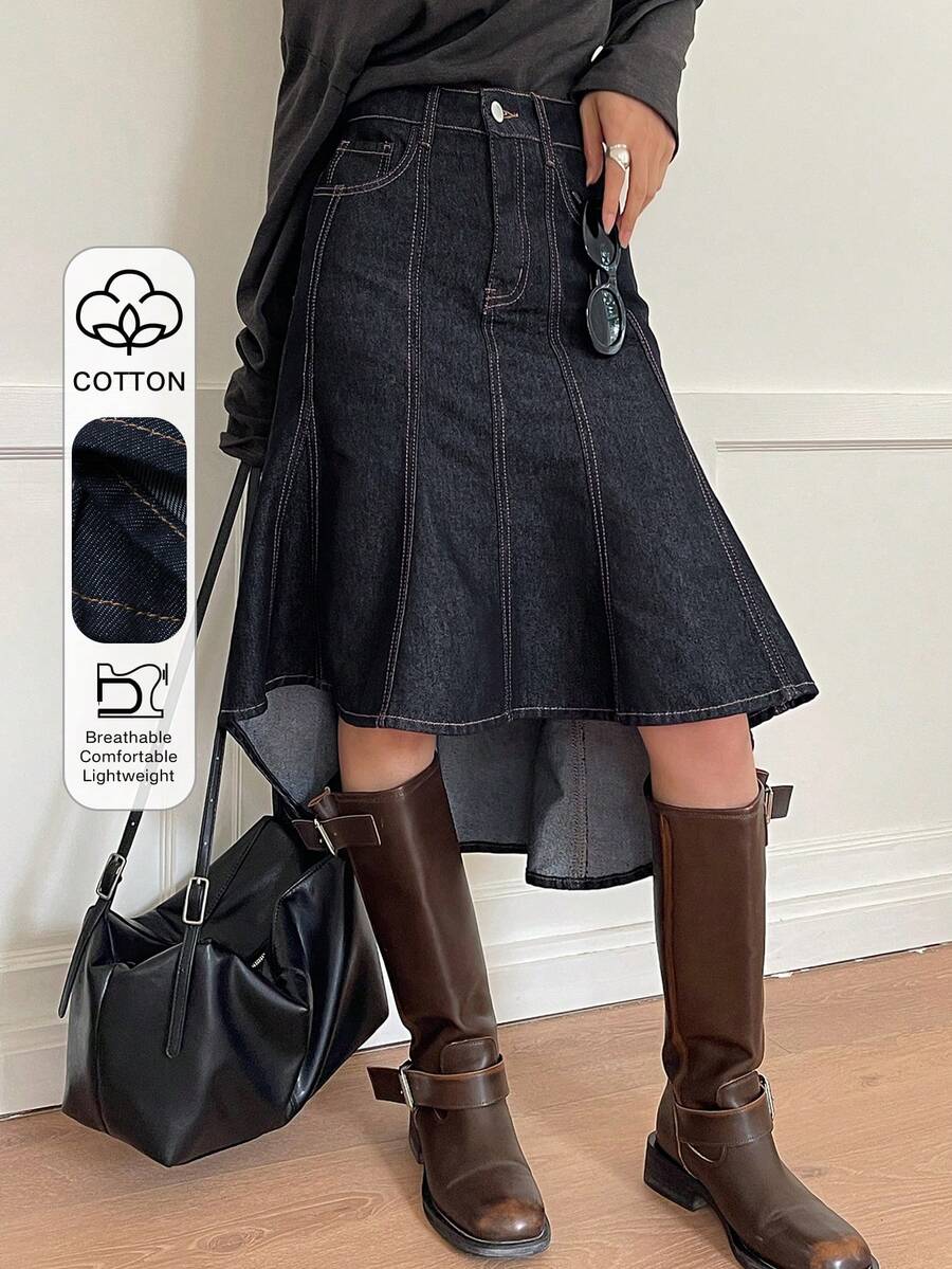 DAZY Falda de tubo de cintura media regular para mujer, falda de línea A de denim elegante - Azul lavado oscuro - Ver 1