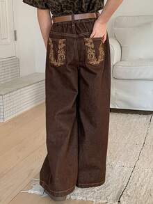 Dazy Kids Tween Girls' Embroidered Pocket Design Denim Jeans - Brown - View 1