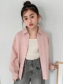 DAZY 少女休闲衬衫，后背镂空蝴蝶结设计，百搭时尚，适合日常穿着，长袖上衣 - 淺粉色 - 查看 3