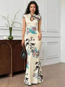 EastFlair Đầm sườn xám ôm dáng tay ngắn in hình chim công dành cho nữ, kiểu dáng thanh lịch. - Màu be - Xem 4