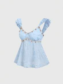 Sweetra Women's New Fashion Ruffled Sleeve Embroidered Jacquard Mesh Fabric Blouse - Dusty Blue - View 1