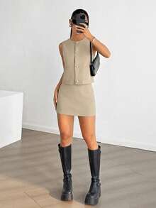 SHEIN EZwear 女士卡其色单排扣背心和裙子休闲两件套 - 卡其色 - 查看 4