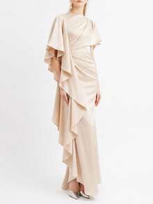 Lumalex 女士优雅性感杏色飘逸荷叶边开衩无袖修身喇叭连衣裙，春夏款 - 杏色 - 查看 3