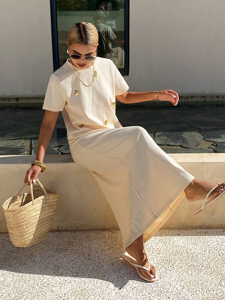 Set da 2 pezzi da donna per l'estate, stile casual da vacanza, composto da t-shirt a girocollo con paillettes in colore unito e gonna con orlo spaccato, completo da relax di colore bianco - Albicocca - Visualizzare 6