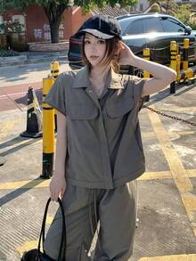 DAZY 2件套女士纯色短袖休闲宽松日常夏季家居服套装 - 淺灰色 - 查看 7