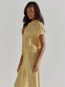 MUSERA Collar Detail Button Through Boxy Loose Fit Wavy Crochet Scallop Hem Top Coord Only Cute Beach Coverup Summer Spring Holiday Swim Knit - Yellow - View 4