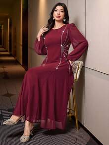 Modelyn 大码水钻装饰优雅圆领长袖连衣裙 - 酒紅色 - 查看 5
