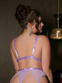 SHEIN 5pcs/Set Embroidery Mesh Splice Plus Size Sexy Wireless Bra Set - Lilac Purple - View 2