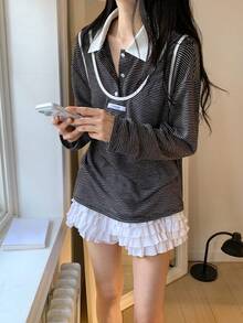 DAZY Women's Retro College Style Loose Striped Long Sleeve T-Shirt, 2 In 1 Korean T-Shirt - Coffee Brown - View 1