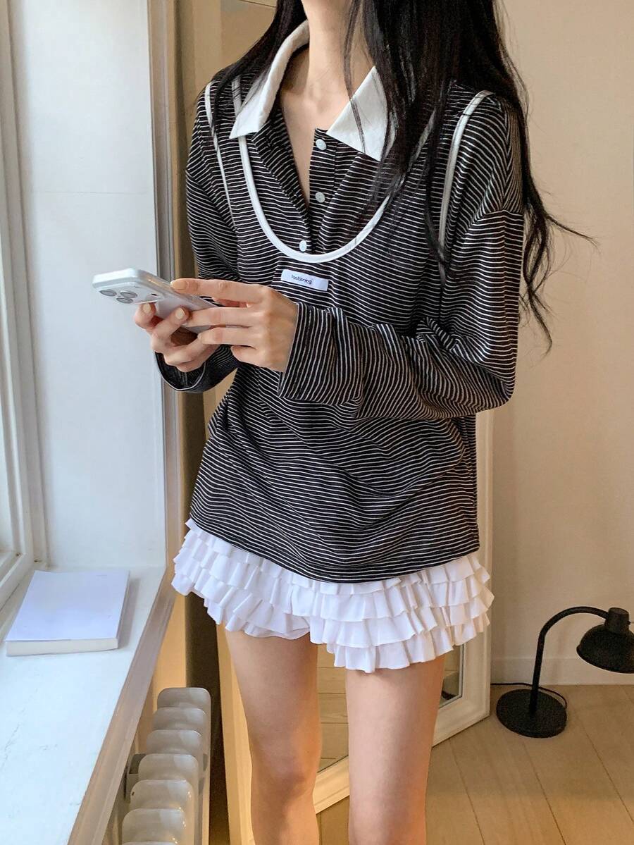 DAZY Women's Retro College Style Loose Striped Long Sleeve T-Shirt, 2 In 1 Korean T-Shirt - Coffee Brown - View 1