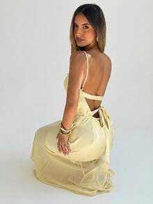 Aloruh 女士优雅性感纯色黄色吊带露背系腰缎鱼尾连衣裙，适合春夏、度假、毕业典礼、婚礼、约会、派对等场合。 - 黃色 - 查看 6