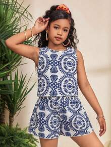 Tween Girls' Casual Sleeveless Printed Top And Shorts Set - Blue and White - View 5