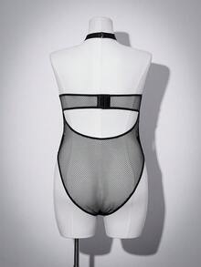 SHEIN Bộ đồ lót liền thân có gọng, phối lưới PU, kiểu dáng thời thượng dành cho người có thân hình đầy đặn. - màu đen - Xem 7