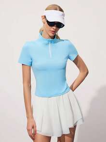 CourtClass CourtClass Women's Fashionable Golf Polo Shirt,Front Zipper Half-Open Collar Short Sleeve Fitted Sports Top,Elegant Summer Tennis Outfit,Baby Blue Golf Attire - Baby Blue - View 3
