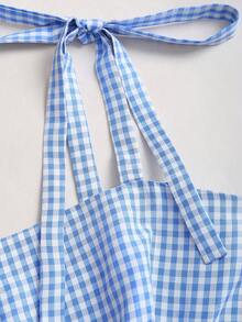 Sweetra French Bright Blue Plaid Series Waist-Cinching Snap-Button Short Jumpsuit, Summer College Style Minimalist Sexy Sexy Bud Cute Playful Elegant Women's Jumpsuit - Blue - View 4