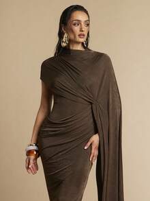Silquee This Elegant And Romantic One-Piece Neckline Dress Features An Asymmetrical Design With A Draped Waist And A Fitted Silhouette, And The Length Is Just Right. It's A Women's Fitted Maxi Dress In Brown, Suitable For Various Occasions Such As Valentine's Day, Dates, Outings, And Nightclub Parties. Furthermore, It's Also An Elegant Party Dress, Perfect For Parties, Dates, Outings, And Nightclub Parties. Draped Dress Brown Elegant Dress Women - Brown - View 6