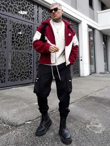 Artur Kramer 男士字母图案翻盖口袋抽绳腰工装裤，秋季 - 黑色 - 查看 1