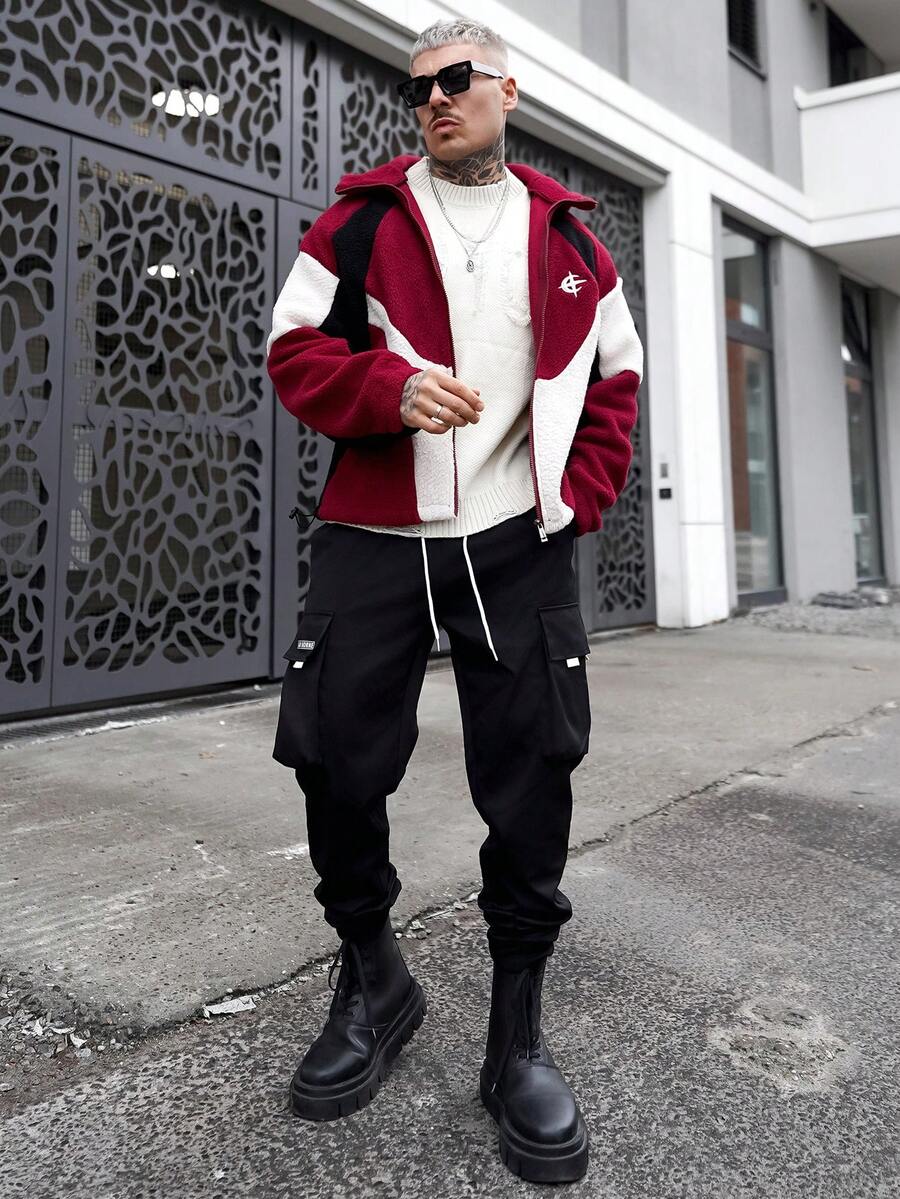 Artur Kramer 男士字母图案翻盖口袋抽绳腰工装裤，秋季 - 黑色 - 查看 1