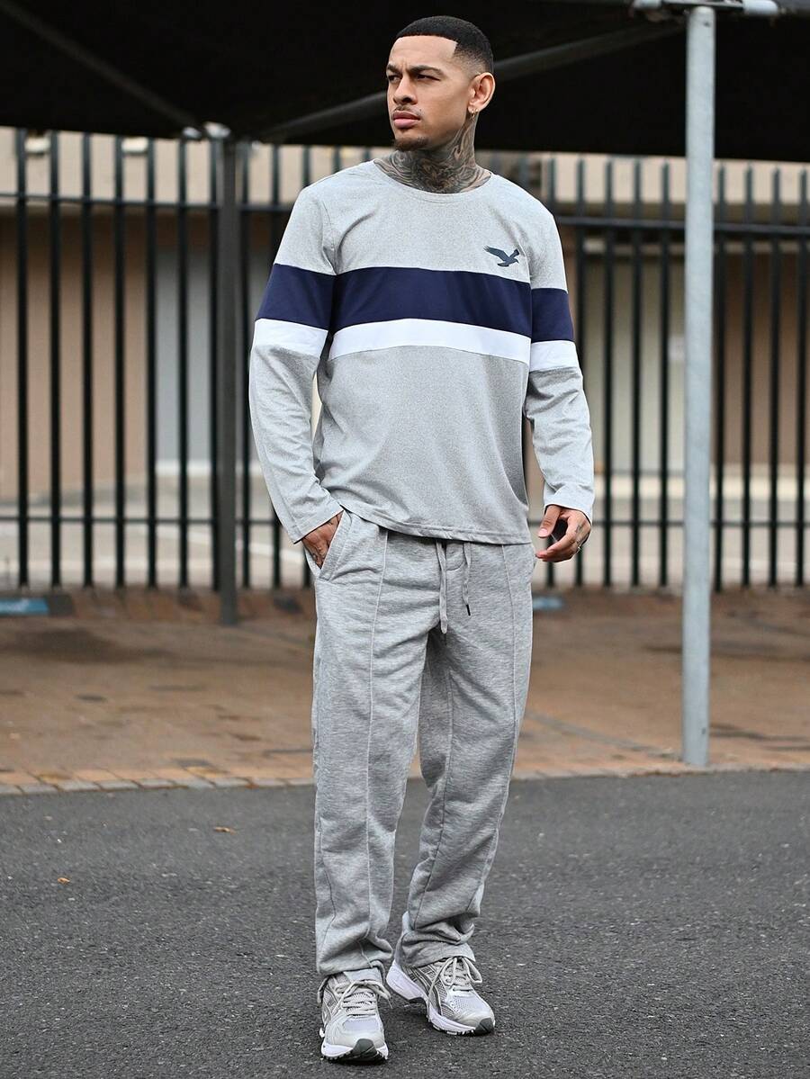 Devon Thys 男士抽绳腰部接缝细节运动裤外出纯色休闲直筒浅灰色抽绳运动裤，适合丈夫、男朋友的礼物 - 淺灰色 - 查看 1