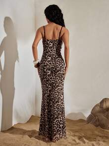 Opulessa Spring & Summer Vacation Knit Leopard Print Spaghetti Strap Fitted Dress For Women - Brown - View 6