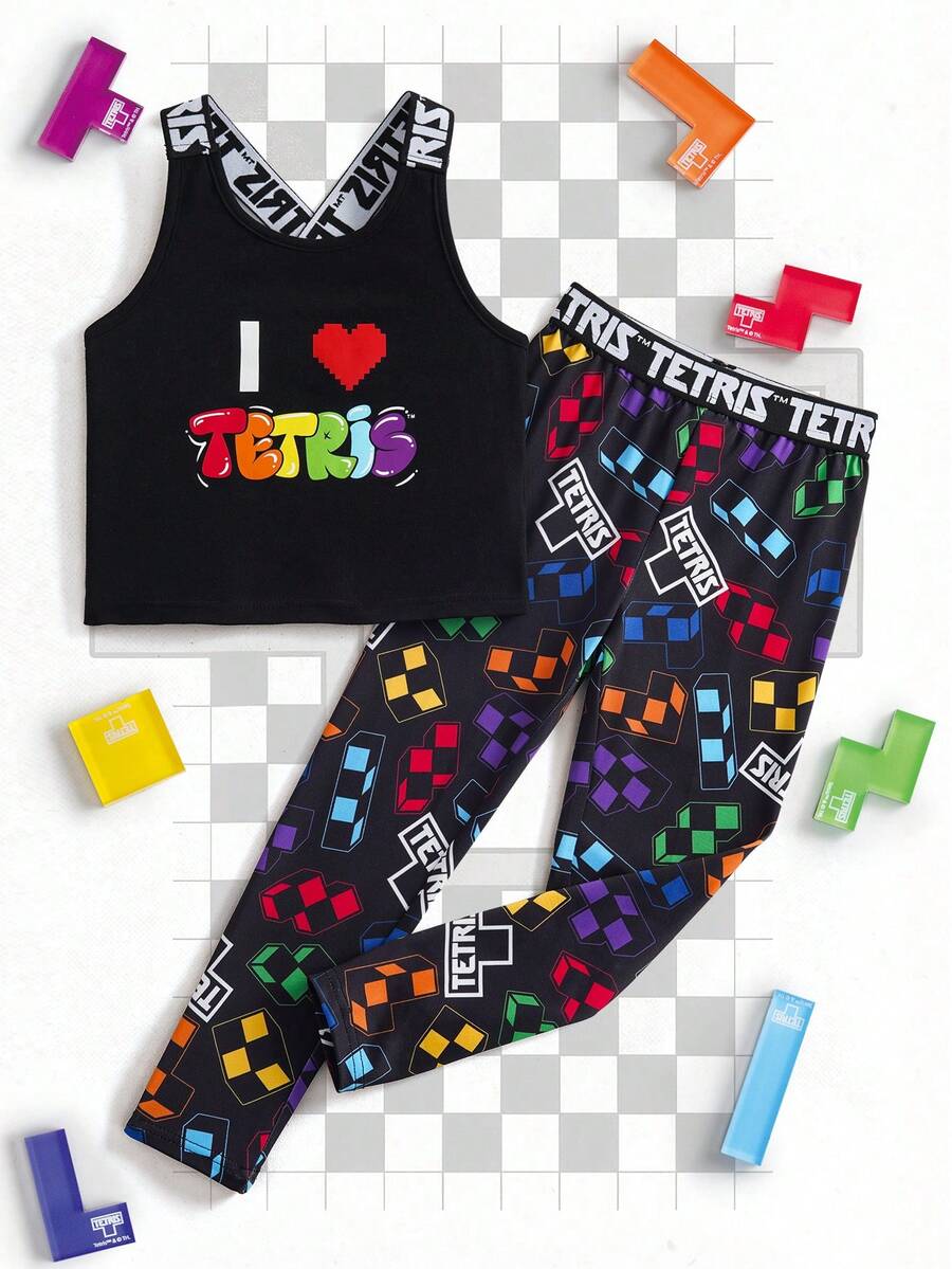 Tetris™ X SHEIN 女童字母爱心印花T恤和裤子休闲套装 - 黑色 - 查看 1