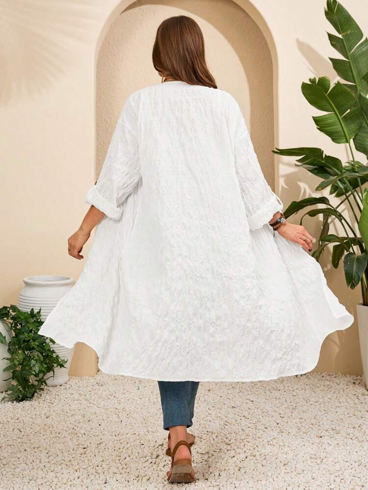 Plus Size Women Solid Color Casual Versatile Daily Wear Robe Summer Outfits Summer Clothes Spring Dress Spring Outfit Women Spring Clothing  For Women Beach Vacation Outfits For Women Vacation Dress Bohemian White Blouse White Coat