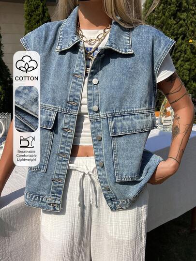 DAZY 女士翻领无袖宽松口袋装饰休闲街头风牛仔衬衫