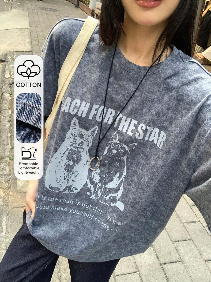 DAZY Women's Round Neck Short Sleeve Printed Loose Pullover Casual T-Shirt - Black - View 1