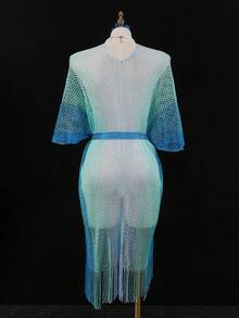 Swim SXY 女士彩色渐变高开衩长流苏网纱系带性感和服罩衫泳衣，适合春、夏、秋季海滩度假 - 藍色 - 查看 5