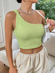 SHEIN EZwear 夏季上衣：绿色单肩打结露脐上衣 - 綠色 - 查看 3