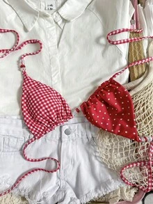 Swim Mod 女士复古红白波点印花双面比基尼上衣，串珠装饰，时尚休闲度假甜美可爱性感 - 紅白色 - 查看 2