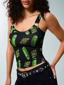 Rick and Morty X SHEIN Women's Circular Ring Connected Cropped Casual Tank Top, - Black - View 4