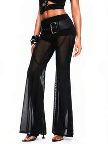 TypaGal Quần ống loe cạp thấp bằng vải lưới xuyên thấu gợi cảm, thời trang dành cho nữ. - màu đen - Xem 3