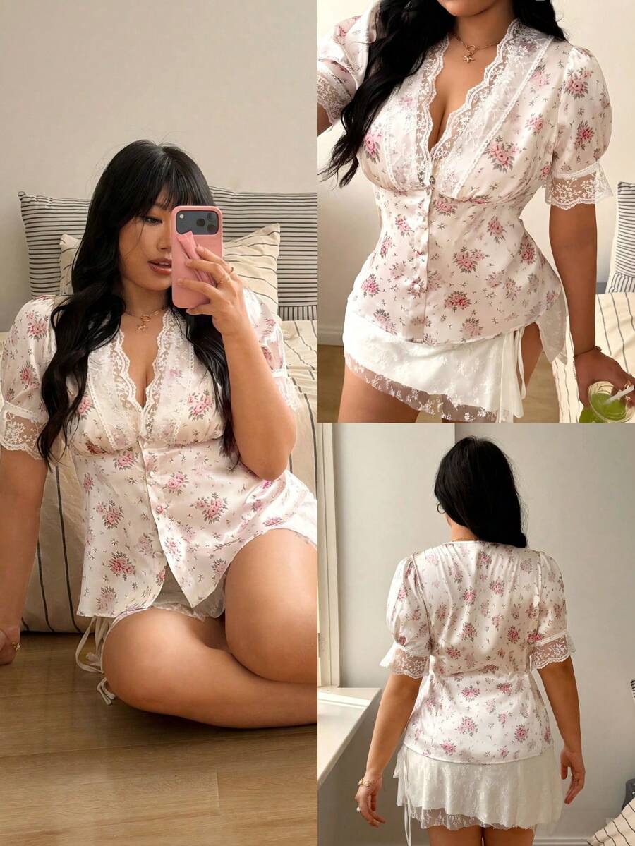 Sunnyshic 大码缎面宫廷风浪漫花卉蕾丝边短袖衬衫，春夏款 - 杏色 - 查看 1