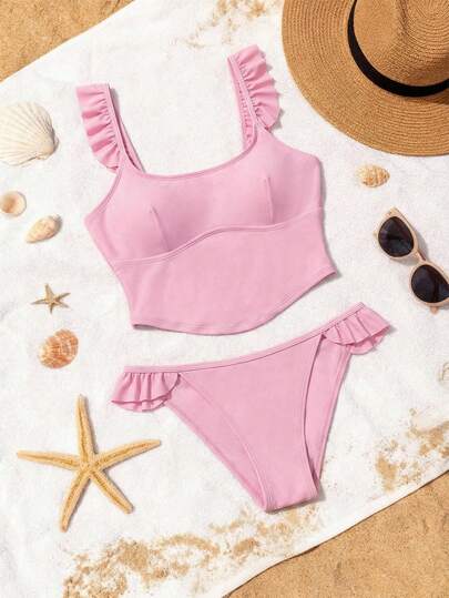 Swim Mod 2026春夏女士沙滩套装，女士吊带比基尼两件套，清新甜美荷叶边袖，蝴蝶结装饰，多种颜色可选，粉色吊带比基尼套装，优雅可爱，适合海滩度假，2026春夏新款，新年、情人节、返校季、旅行季，适合度假、海滩、下午茶、野餐、派对、日常穿着、休闲、户外运动，时尚百搭