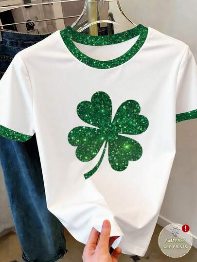 SHEIN Young Girl Faux Sequin Print T-Shirt, Green Four-Leaf Clover, Lucky Straw Print , St. Patrick's Day Spring And Summer, Holiday