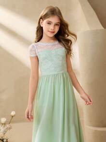 Girls' Lace Patchwork Chiffon Flower Girl Long Dress, Waist Cinched, Suitable For Weddings, Parties, Birthdays, Banquets, All Seasons Junior Bridesmaid Dress Teen Girls Elegant Dress Pastel Colour Dress For Tween Girls Tween Girls Elegant Bridesmaid Lace Long Dresses For Tweens Elegant Dresses For Girls Girls Lace Dress Prom Dress For Tweens Kids Formal Dress Prom Dress For Kids Girls Formal Dress Dresses For 12 Yrs Old Tween Formal Dress - Green - View 5