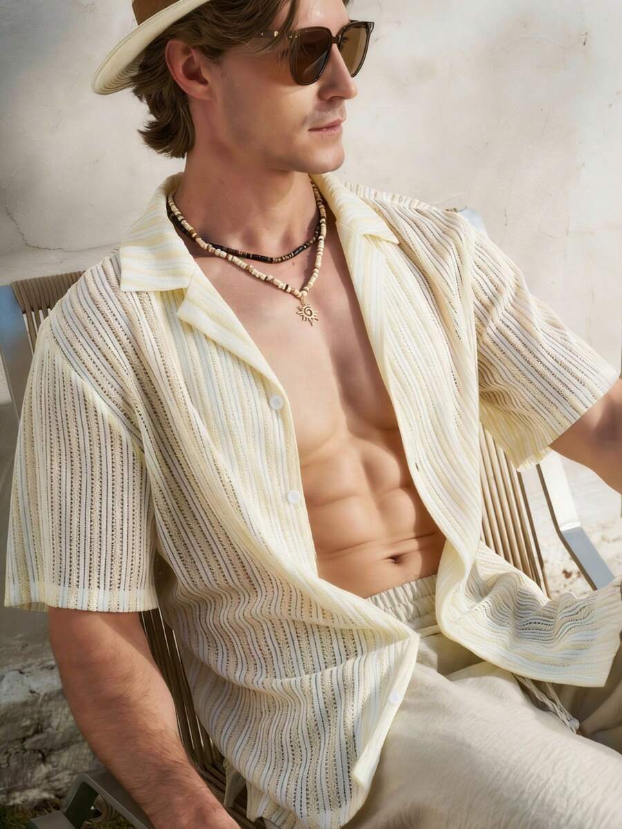 Airaco Men's Mesh Woven Striped Vacation Short Sleeve Shacket - Multicolor - View 1