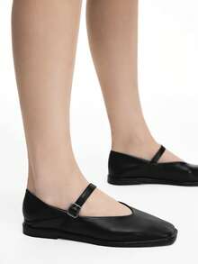 Mnmlis 女士经典舒适通勤款黑色方头玛丽珍平底鞋 - 黑色 - 查看 7
