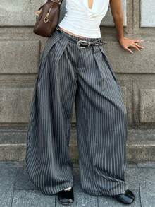 Coolane Quần ống rộng xếp ly dáng suông dành cho nữ, màu xám đậm kẻ sọc. - Xám - Xem 4