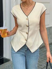 Elyressa 一位女士织造的简约优雅的法式夏季衬衫 - 杏色 - 查看 3