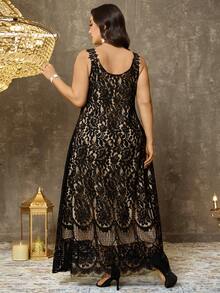 SHEIN Elenzya 大码优雅蕾丝撞色无袖A字连衣裙，休闲通勤度假两相宜，春夏款 - 黑色 - 查看 2