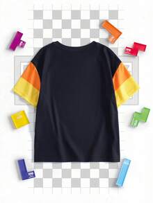 Tetris™ X SHEIN 1pc Casual Young Boy Colorful Geometric Print Round Neck Short Sleeve T-Shirt - Black - View 2