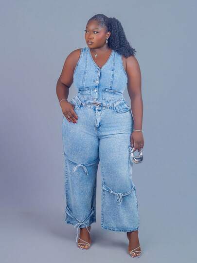 CurvyTilda 加大码蓝色宽松直筒男友风牛仔裤蝴蝶结宽松 Y2k 女式牛仔裤