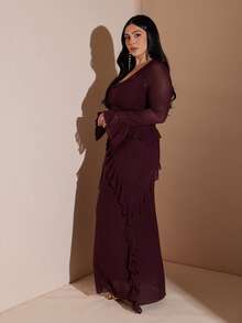 SHEIN BAE Burgundy Plus Size Long Sleeve Dress,Autumn Elegant Formal Sweet Ruffle Mesh Birthday Outfit, Fitted Wedding Party Holiday Vacation Dress - Coffee Brown - View 6