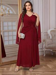 Reflora 大码女式纯色斗篷袖褶皱设计优雅连衣裙 - 紅色 - 查看 12