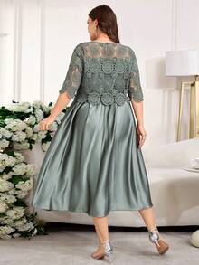 Reflora Vestido de fiesta elegante con cuello redondo y encaje que realza la cintura para mujer de talla grande - Verde 2 - Ver 4